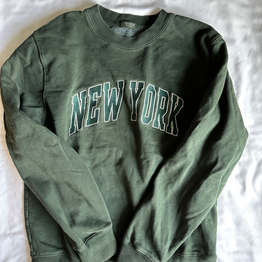 Green and White Crew Neck Sweater with Collegiate Style
